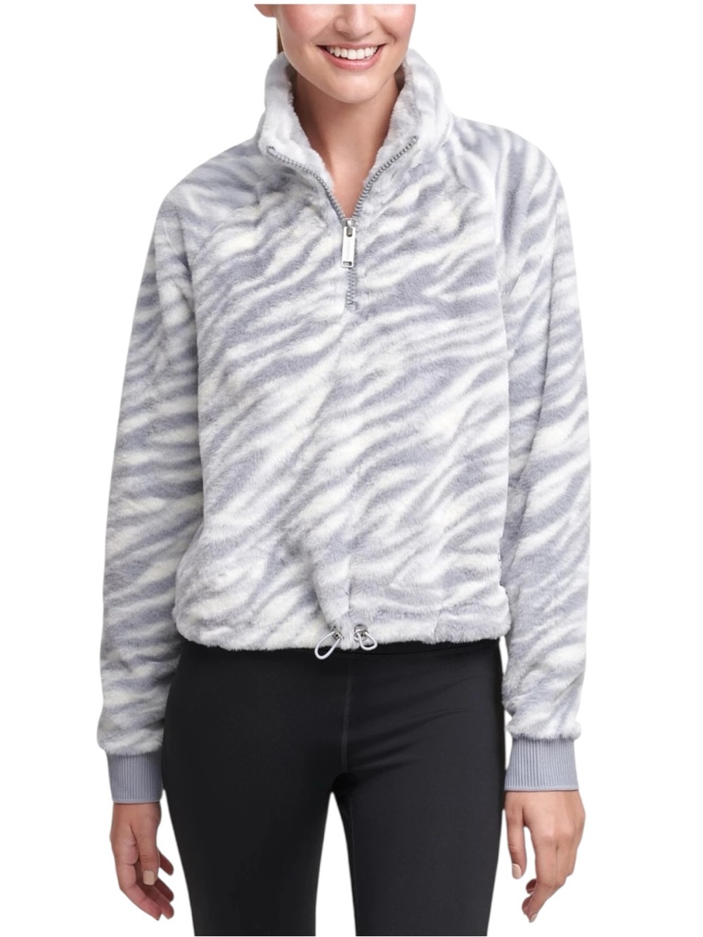 NEW Calvin Klein Performance Cozy Grey Zebra-Print Half-Zip Fleece Pullover